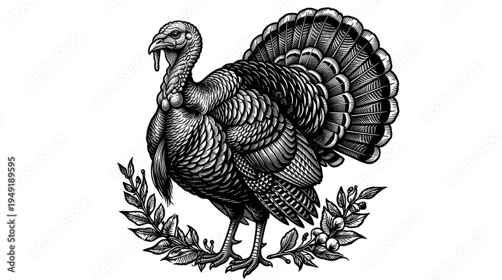 Naklejka premium Turkey Farm Bird, Vintage Style Sketch Engraving Raster Illustration, Generative AI