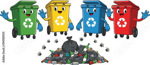 Cartoon recycling bins vector illustration with smiling faces, colorful waste containers, mixed garbage pile, flies buzzing, environmental awareness and waste segregation concept