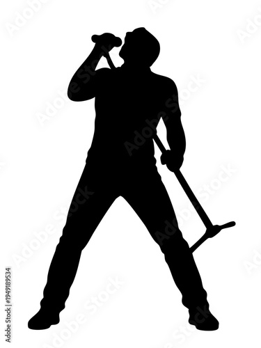 Black silhouette of male singer performing with microphone and stand in full length pose isolated on transparent background. Concept of live music performance, concert stage and entertainment
