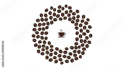 Aromatic Coffee Beans: An artful arrangement of roasted coffee beans encircles a steaming cup, symbolizing the essence of coffee, ready to awaken the senses.