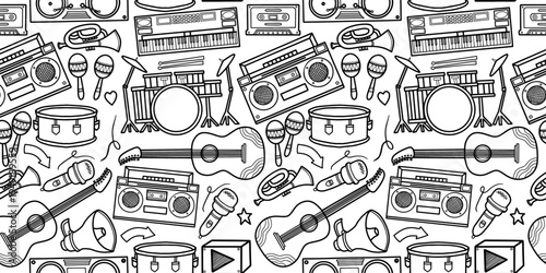 Seamless music instruments doodle pattern in black and white. Hand drawn retro musical equipment vector illustration