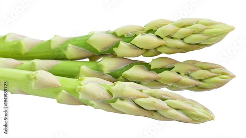 Three Fresh Green Asparagus Spears Arranged Diagonally Across a Light Plain Background for Culinary Ingredient Display