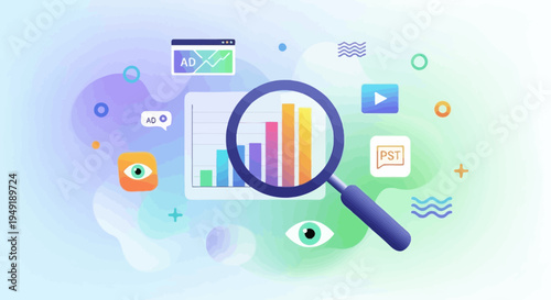 Magnifying Glass Over Bar Chart Analyzing Business Growth.