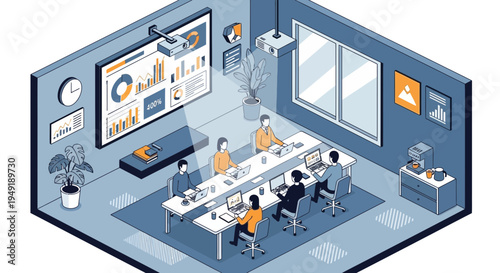 Isometric business meeting room with people collaborating.