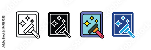 Glass wiper or window cleaning tool icon set. Surface maintenance, professional janitorial service, and glass care symbols. Vector Illustration.