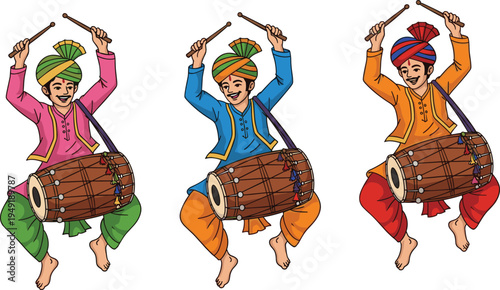 Cartoon Punjabi dancers vector illustration showing three characters in colorful turbans playing dhol drums, celebrating cultural festival, traditional music, and joyful artwork concept