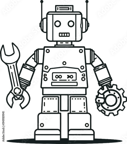 A cute vintage tin robot stands next to a red mechanical electric motor in this retro vector illustration of a fun science fiction machine isolated on white