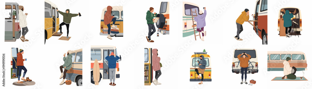 Εκτύπωση καμβά Collection of diverse flat vector illustrations depicting people enjoying various aspects of the nomadic van life lifestyle with their camper vans and buses