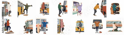 Collection of diverse flat vector illustrations depicting people enjoying various aspects of the nomadic van life lifestyle with their camper vans and buses.