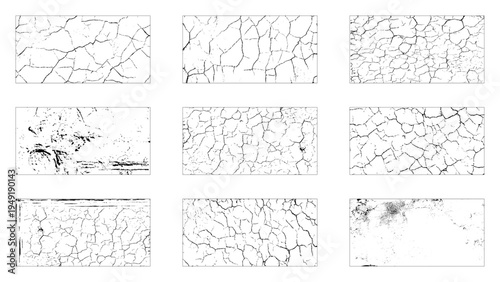 Set of nine black and white grunge cracks wall. Distress overlay texture. Surface dust and rough dirty wall background concept. Distress illustration