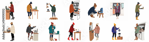 Collection of minimalist flat illustrations featuring diverse women cooking outdoors, camping, and living the van life lifestyle with portable stoves and cozy apparel.