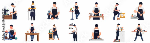 Set of flat vector illustrations depicting a male barista performing various coffee preparation tasks and brewing methods in a modern cafe setting.