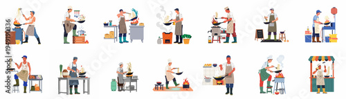 Vector illustrations of various Asian street food chefs and cooks stir-frying noodles and vegetables in woks over high flames on white background.