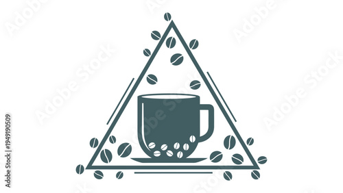 Aromatic Coffee Brew: A stylized depiction of a coffee cup, encased in a triangular frame adorned with coffee beans, conveying the essence of a warm, inviting drink.