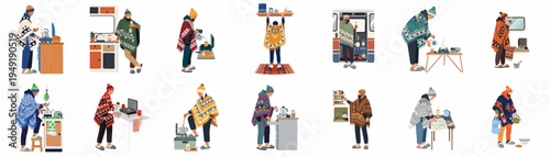 Set of flat illustrations featuring people in cozy ponchos engaged in various van life and camping activities like cooking and travel planning.