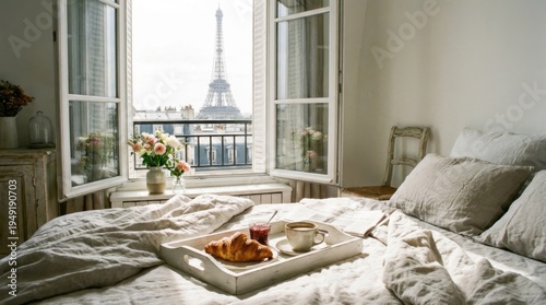 Cozy Parisian Bedroom with Croissant and Coffee Overlooking the Eiffel Tower in Morning Light