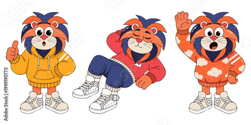 A stylish lion character featuring a tri-colored mane and trendy hoodies, shown in various expressive poses. This set includes a thumbs-up, a relaxed lounging pose, and a friendly wave