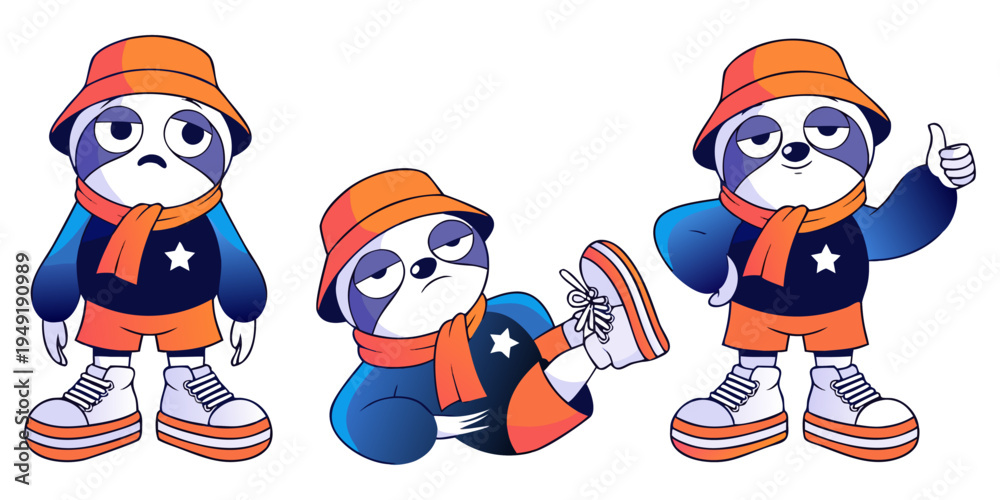 Obraz premium A trio of sloth characters wearing orange bucket hats and scarves, featuring a neutral standing pose, a lazy reclining pose, and a cheerful thumbs-up gesture.