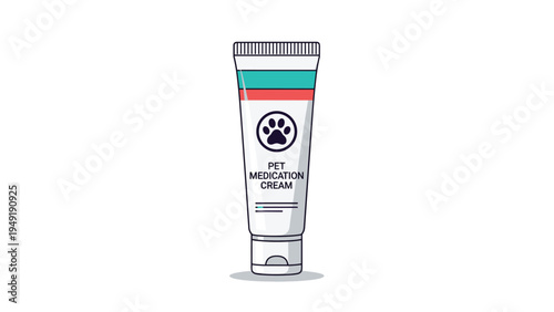 Tube of pet medication cream for veterinary use with paw print icon and colorful stripes isolated on white background.