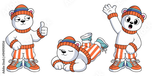 A cute white polar bear character featured in three poses: giving a thumbs up, napping, and waving excitedly. It wears a striped orange beanie and matching winter outfit.