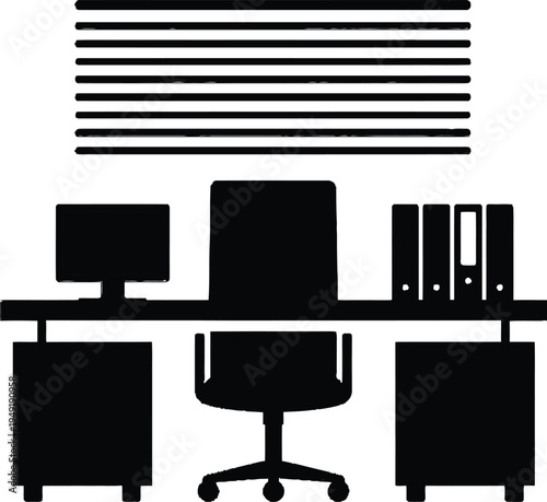 Flat vector illustration of a black and white furniture icons set featuring a computer monitor, laptop screen, and home theater technology for modern interior room design