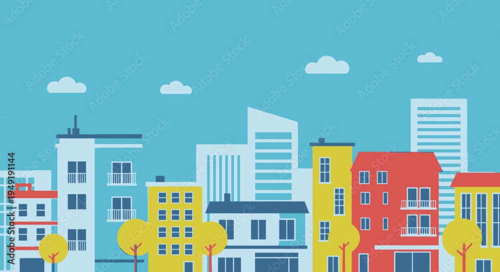Εκτύπωση καμβά Lively and colorful city street with diverse buildings, cars, and trees, depicting a vibrant urban community under a clear blue sky