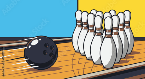 Black bowling ball rapidly moving towards white bowling pins on a wooden lane, capturing the anticipation of a game in a bowling alley.