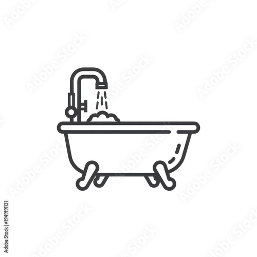 A black line drawing of a bathtub with water running isolated on transparent background