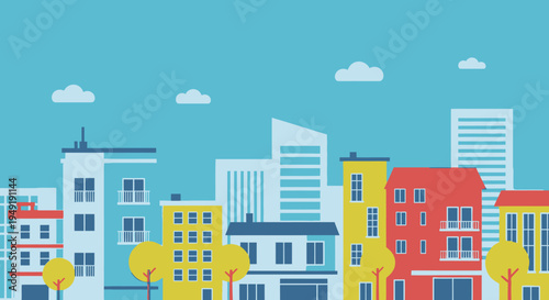 Lively and colorful city street with diverse buildings, cars, and trees, depicting a vibrant urban community under a clear blue sky.