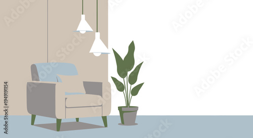 Cozy modern living room interior with a comfortable armchair, potted plant, and stylish pendant lights, creating a relaxed and inviting atmosphere.