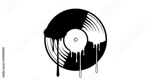 Stylized vinyl record with dripping paint effect, abstract music art design on an isolated white background.