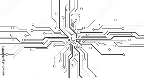 Complex circuit board pattern with central processor and interconnected lines, digital technology background on an isolated white background.