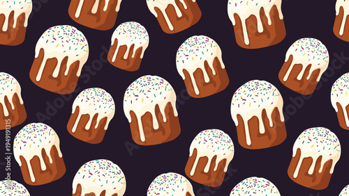 Festive seamless pattern of traditional Easter cakes with white icing and colorful sprinkles on a dark background.