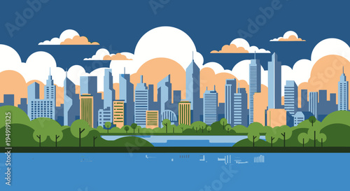 Colorful cityscape illustration with modern city buildings, a green park, and a serene lake under a vibrant sky with clouds and sun.