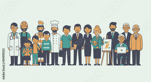 Diverse group of people from various occupations and age groups, including children, standing together on a plain light background, representing community and inclusivity.