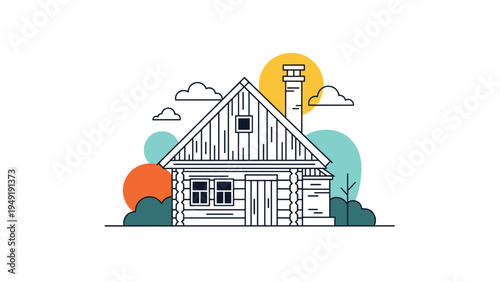 Quaint log cabin house in line art style with colorful circular background elements representing sun and trees.