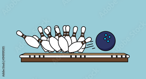Cartoon Bowling Scene with Ball Striking Pins on a Lane, Light Blue Background.