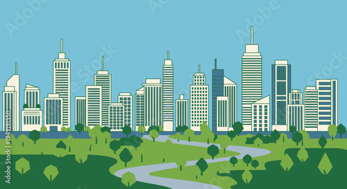 Modern Cityscape with Tall Buildings and Green Parks, Urban Landscape under Blue Sky Flat Design.