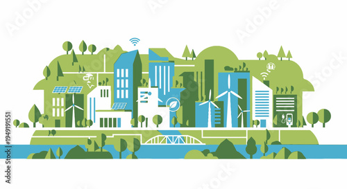 Green Sustainable City with Solar Panels and Wind Turbines, Eco-Friendly Urban Landscape Flat Design.