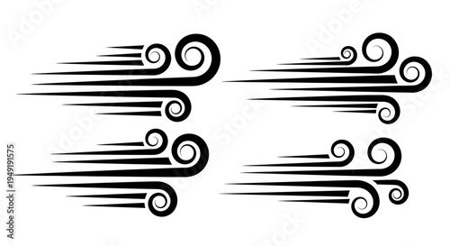 Dynamic Black Speed Lines and Swirls, Motion Effect Design Elements on Isolated White Background.