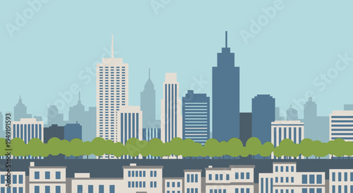 Modern Urban Cityscape Illustration with Tall Buildings, Green Trees, and Blue Sky, Flat Design.