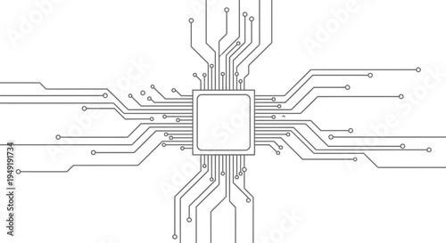 Black and white microchip or integrated circuit diagram with detailed connections and pathways on an isolated white background, symbolizing technology, computing, and electronics.