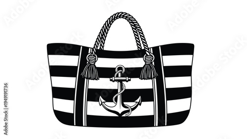 Large black and white striped tote bag with a nautical anchor print and rope handles on white background vector.