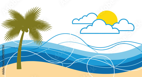 Tropical beach scene with a vibrant green palm tree, blue ocean waves crashing on the sand, and a bright yellow sun with clouds in the sky, evoking a relaxed summer vacation.