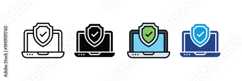 Laptop computer icons with shield and checkmark on white background. Security and protection symbol. Cybersecurity concept.Vector illustration