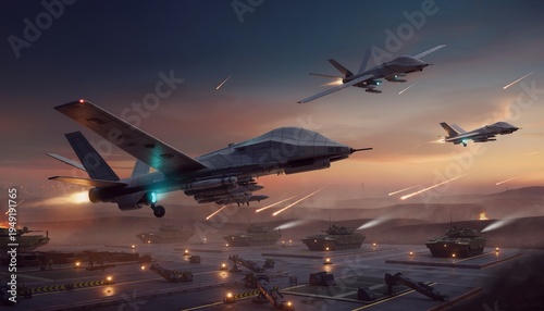 Futuristic War Drones Launching from Military Base with Tanks at Sunset
