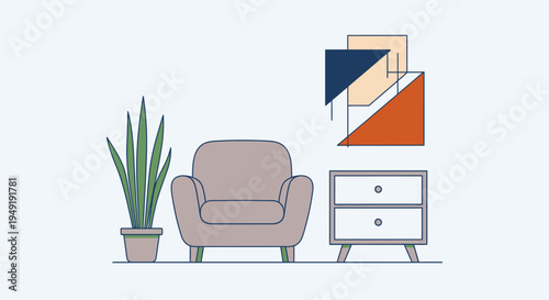 Minimalist living room interior design with a grey armchair, a green potted plant, a small drawer cabinet, and abstract geometric wall art on a light background.