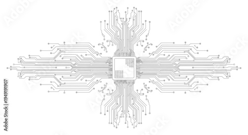 Complex circuit board pattern with a central microchip, representing advanced technology and digital infrastructure, isolated white background.