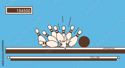 Bowling ball hitting white pins in a bowling alley, showing a strike in action during a competitive game, with a score displayed.