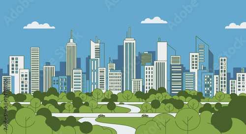 Modern city skyline with tall skyscrapers and green urban park, under a bright blue sky, depicting urban nature harmony.
